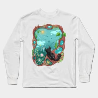 Black Cat and the Sky Koi Pond Long Sleeve T-Shirt